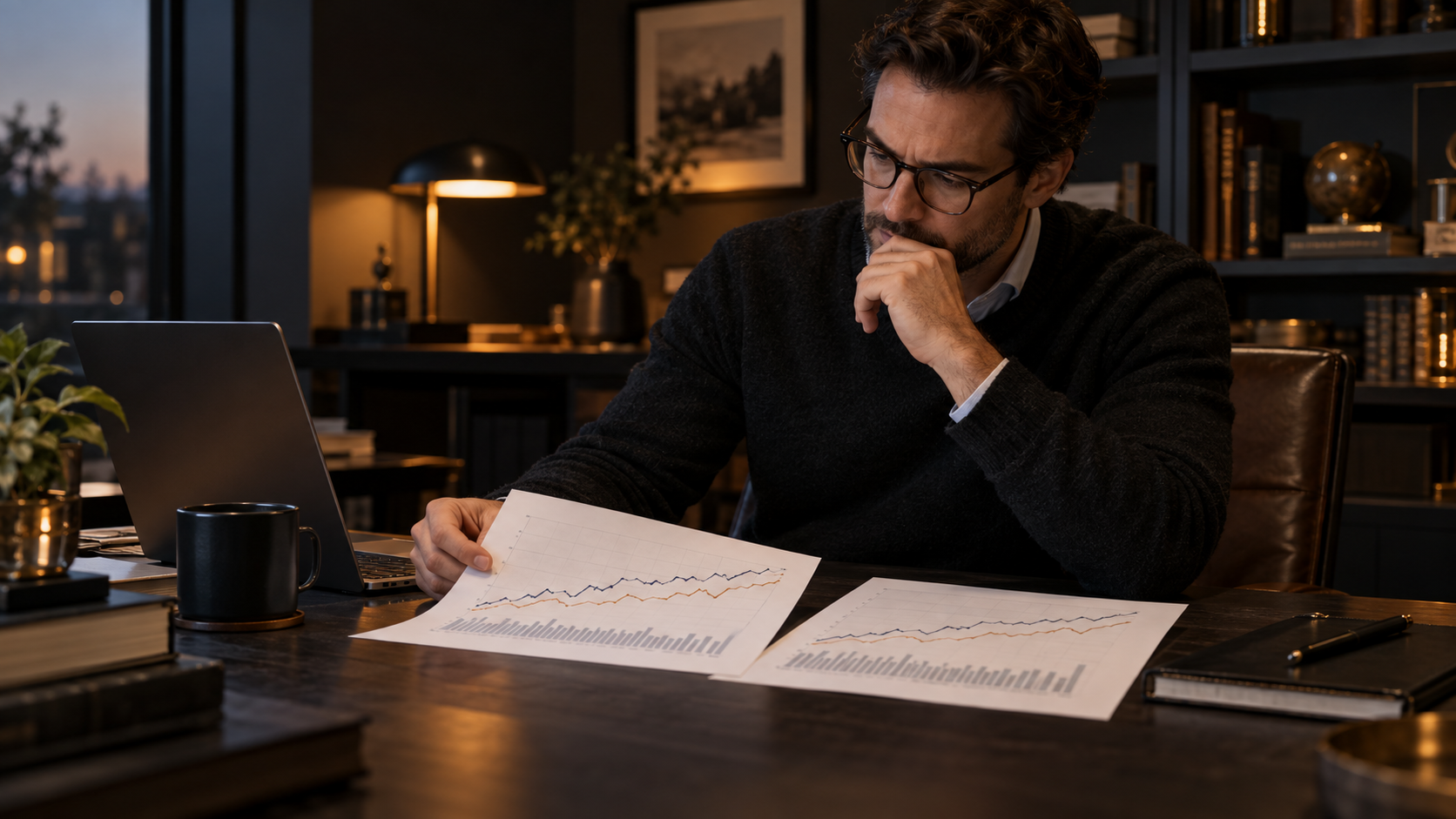 Business operator comparing revised historical performance charts