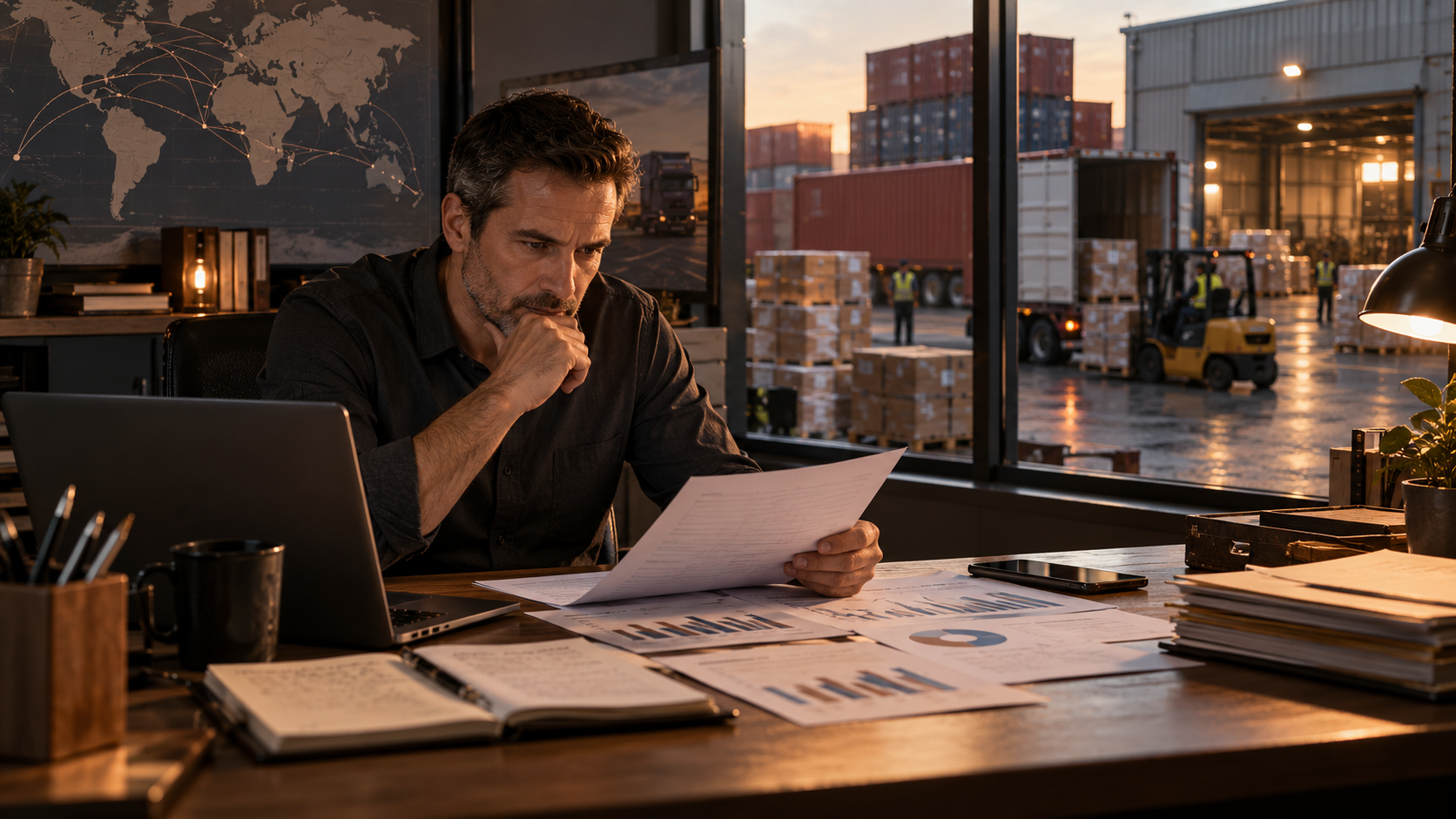 Supply-chain operator comparing inbound shipments with customer demand and cash commitments