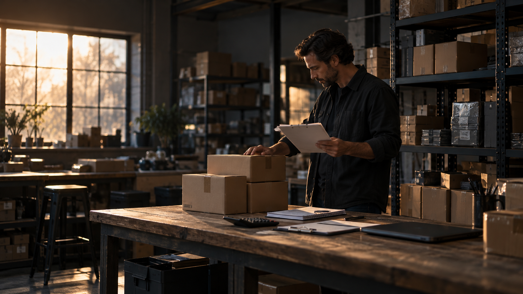 Small-business owner auditing inventory and purchase paperwork