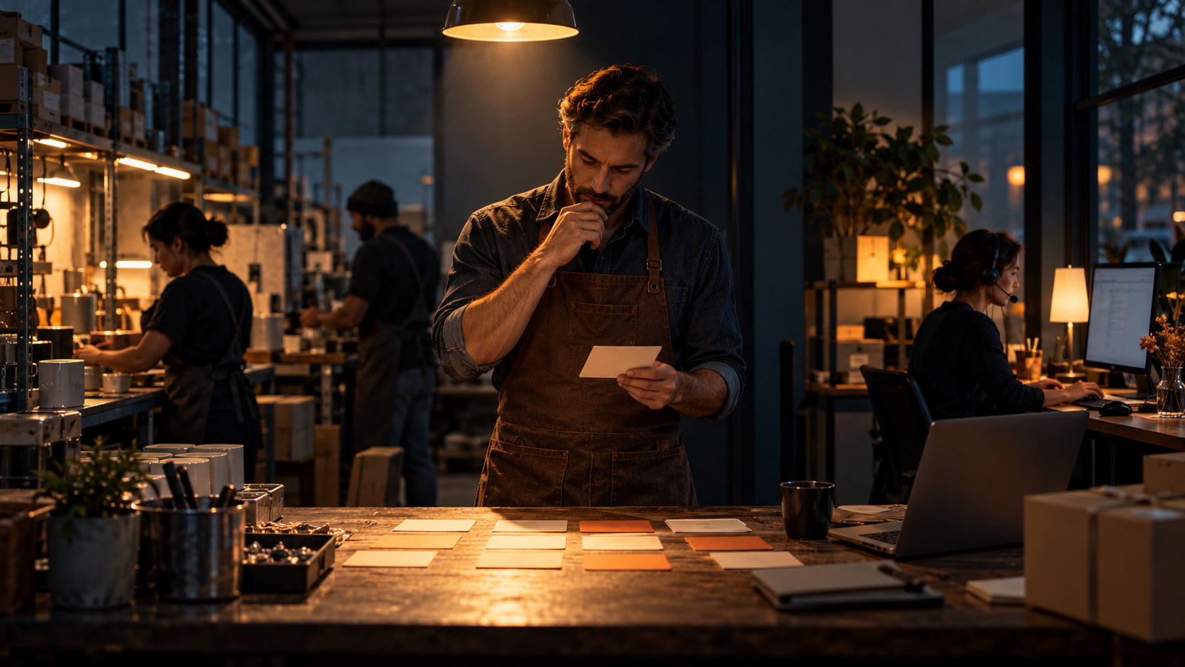 Business owner reviewing customer and production choices